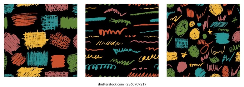 Scribbles set and seamless pattern. Hand drawn colorful pencil curly lines. Marker drawing squiggles, strokes vector illustration. Paint brush sketches. Scrawl textured freehand wallpaper and element