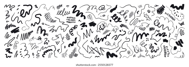 Scribbles, sketch line drawings, freehand brushstrokes set. Pencil drawn ink design elements in doodle style. Abstract squiggles, black wriggles. Vector illustrations isolated on white background