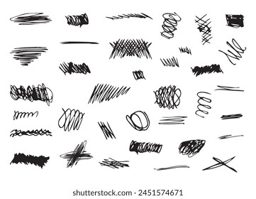  Scribbles and sketches, marker line set. Hand drawn abstract doodle pencil scratch mark for your design. Vector illustration

