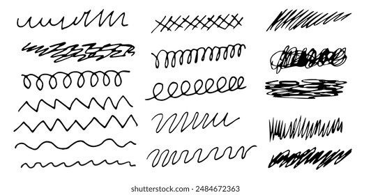  Scribbles and sketches, marker line set. Hand drawn abstract doodle pencil scratch mark for your design. Vector illustration
