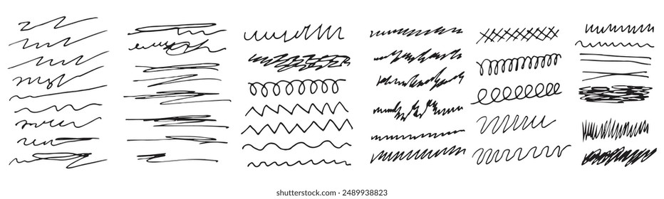  Scribbles and sketches, marker line set. Hand drawn abstract doodle pencil scratch mark for your design. Vector illustration
