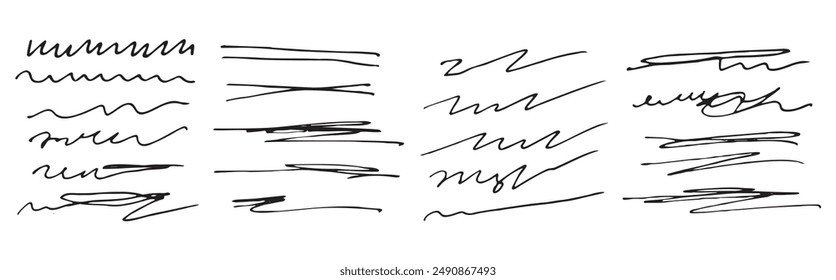  Kritzel und Skizzen, Markierungslinie gesetzt. Handgezeichnete abstrakte Doodle Bleistift Kratzzeichen für Ihr Design. Vektorillustration
