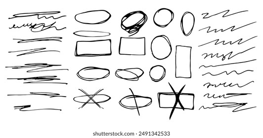  Scribbles and sketches, marker line set. Hand drawn abstract doodle pencil scratch mark for your design. Vector illustration
