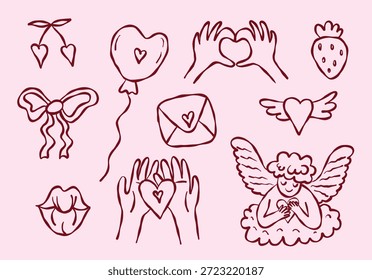 Garabatos. Doodle descuidado, dibujo infantil para el día de San Valentín. Antiguas Día de San Valentín. Cupido, corazones, flores y regalos. Elementos de diseño de contorno rosa de Antiguas.