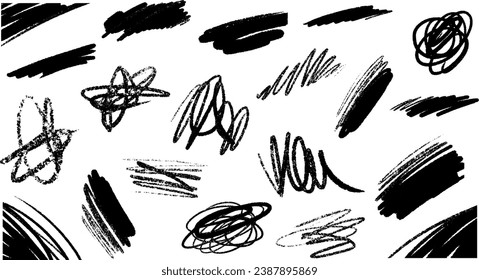 Scribbles and strokes of paintbrushes. Abstract art shapes and spots drawn by hand. textural grunge brushstrokes.