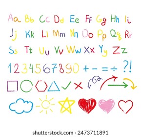 Scribbles with the texture of wax colored pencils or crayons. Chalk alphabet, numbers, children's drawings. Vector illustration