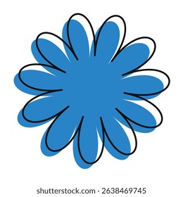 Scribble-style blue flower with slightly shifted black outline. A bold, colorful icon with retro floral character.