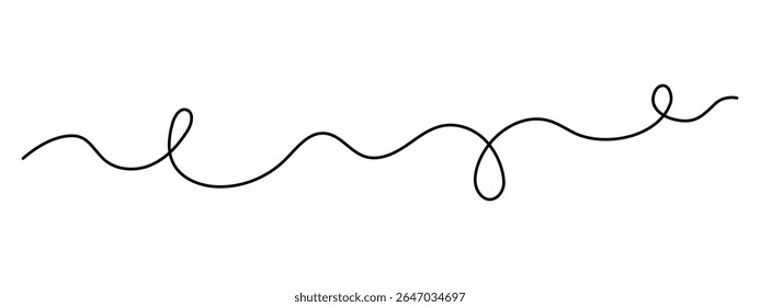 Traçado rabiscando uma arte de linha, desenho à mão ondulado elemento divisor ondulado desenho contorno contínuo. Faixa de curva separadora giratória com volutas e design tendril. Isolado. Traçado editável. Vetor