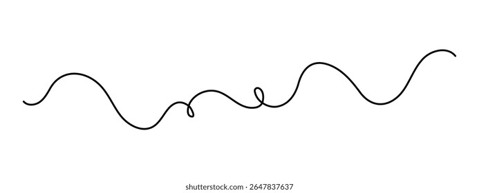 Scribbly stroke one line art, hand drawn wavy curly dividing element drawing continuous contour. Twiddle swirl separator curve strip with volutes and tendril design. Isolated. Editable stroke. Vector
