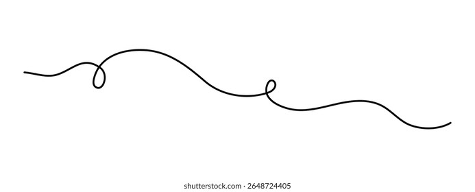 Traçado rabiscando uma arte de linha, desenho à mão ondulado elemento divisor ondulado desenho contorno contínuo. Faixa de curva separadora giratória com volutas e design tendril. Isolado. Traçado editável. Vetor