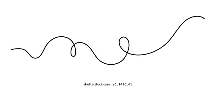 Scribbly stroke one line art, hand drawn wavy curly dividing element drawing continuous contour. Twiddle swirl separator curve strip with volutes and tendril design. Isolated. Editable stroke. Vector