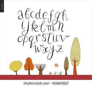 Script alphabet - vector illustrated script font  on white background with trees and a park bench