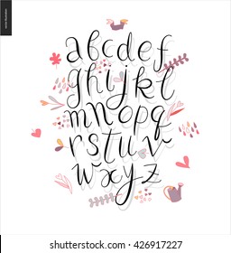 Script alphabet - vector illustrated script font with shadow on white background with gardening elements