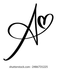 Script capital font logo calligraphy love letter A initial. Hand drawn vector brush style flourish. Vintage heart monogram. Valentine flourish element. Sign for page decoration design illustration
