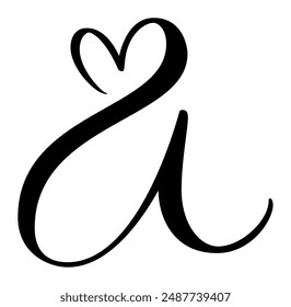 Script capital font logo calligraphy love letter A initial. Hand drawn vector brush style flourish. Vintage heart monogram. Valentine flourish element. Sign for page decoration design illustration