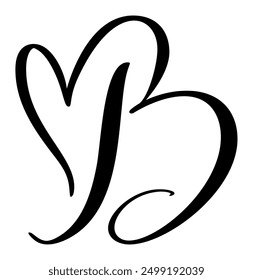 Script capital font logo calligraphy love letter B initial. Hand drawn vector brush style flourish. Vintage heart monogram. Valentine flourish element. Sign for page decoration design illustration