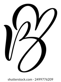 Script letra mayúscula logo caligrafía letra de amor B inicial. El estilo de pincel de Vector dibujado a mano florece. Monograma del corazón de Antiguas. Elemento de florecimiento de San Valentín. Signo para la ilustración de diseño de decoración de página