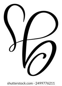 Script letra mayúscula logo caligrafía letra de amor B inicial. El estilo de pincel de Vector dibujado a mano florece. Monograma del corazón de Antiguas. Elemento de florecimiento de San Valentín. Signo para la ilustración de diseño de decoración de página