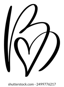 Script capital font logo calligraphy love letter B initial. Hand drawn vector brush style flourish. Vintage heart monogram. Valentine flourish element. Sign for page decoration design illustration