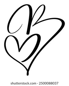 Script capital font logo calligraphy love letter B initial. Hand drawn vector brush style flourish. Vintage heart monogram. Valentine flourish element. Sign for page decoration design illustration