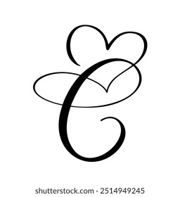 Script maiúscula logotipo caligrafia letra de amor inicial C. Estilo de pincel de vetor desenhado à mão floresce. Monograma do coração antigo. Valentine floresce elemento. Sinal para ilustração de design de decoração de página