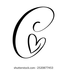 Script capital font logo calligraphy love letter C initial. Hand drawn vector brush style flourish. Vintage heart monogram. Valentine flourish element. Sign for page decoration design illustration