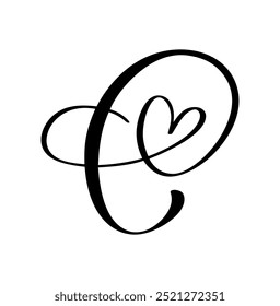 Script capital font logo calligraphy love letter C initial. Hand drawn vector brush style flourish. Vintage heart monogram. Valentine flourish element. Sign for page decoration design illustration