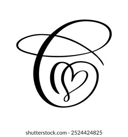Script letra mayúscula logo caligrafía letra de amor C inicial. El estilo de pincel de Vector dibujado a mano florece. Monograma del corazón de Antiguas. Elemento de florecimiento de San Valentín. Signo para la ilustración de diseño de decoración de página