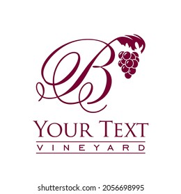 Script capital letter B decorated with grapes and vines 