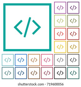 Script code flat color icons with quadrant frames on white background