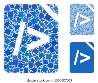 Script code mosaic of inequal elements in various sizes and color tinges, based on script code icon. Vector raggy elements are combined into collage. Script code icons collage with dotted pattern.