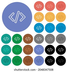 Script code multi colored flat icons on round backgrounds. Included white, light and dark icon variations for hover and active status effects, and bonus shades.