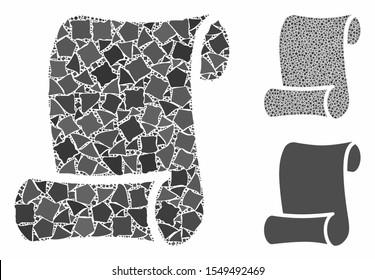 Script composition of rugged pieces in various sizes and color tints, based on script icon. Vector rugged pieces are combined into illustration. Script icons collage with dotted pattern.