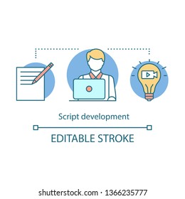 Script development concept icon. Video pre production idea thin line illustration. Film scenario writing. Scripting. Screenwriter. Film making idea. Vector isolated outline drawing. Editable stroke