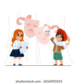 Vector de educación de la escuela de teatro de guion. Ensayo dramaturgo, conjunto de vestuario, iluminación de guion de sonido Drama de la escuela de teatro Personaje de educación. personas Ilustración de dibujos animados planos