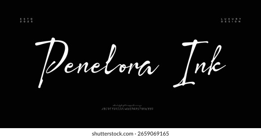 Script Elegant Signature Typeface. Letras fuente de la firma aislada en el fondo gris. alfabeto del estilo del cepillo. Letras del logotipo del Vector.
