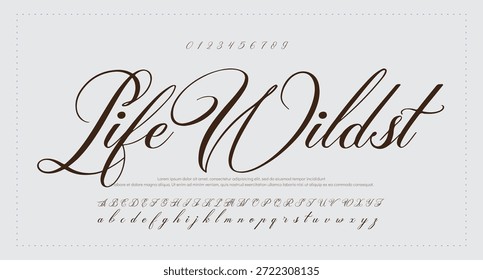 Script Elegant Signature Typeface. Letras fuente de la firma aislada en el fondo gris. alfabeto del estilo del cepillo. Letras del logotipo del Vector