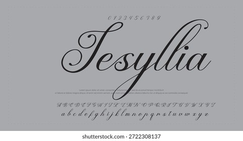 Script Elegant Signature Typeface. Letras fuente de la firma aislada en el fondo gris. alfabeto del estilo del cepillo. Letras del logotipo del Vector