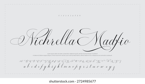 
Script Elegant Signature Typeface. Lettering signature font isolated on grey background. brus style alphabet. Vector logo letters. 