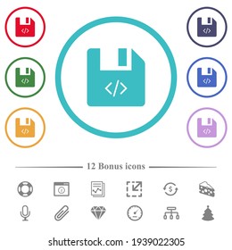Script file flat color icons in circle shape outlines. 12 bonus icons included.