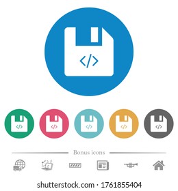 Archivo de script de iconos blancos planos en fondos de color redondo. 6 iconos de bonificación incluidos.