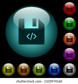 Script file icons in color illuminated spherical glass buttons on black background. Can be used to black or dark templates