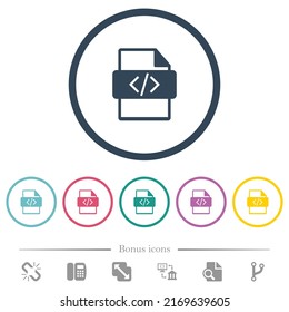 Script file type flat color icons in round outlines. 6 bonus icons included.