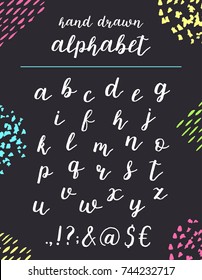 Script font alphabet written with a brush. Vector alphabet. Hand drawn letters and punctuation.