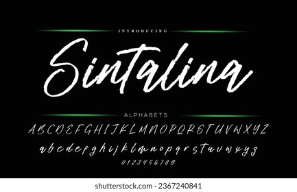Alfabeto de visualización de la fuente del guión. Fijación de tipos de letra de escritura a mano. Tipografía a a z y números
