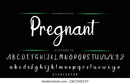 Alfabeto de visualización de la fuente del guión. Fijación de tipos de letra de escritura a mano. Tipografía a a z y números