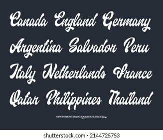 Script Font with Lettering Set Countries. Vector