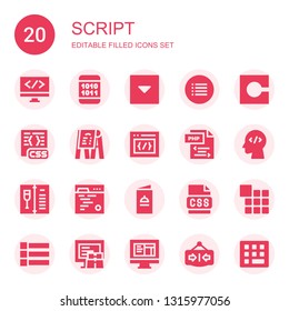 script icon set. Collection of 20 filled script icons included Coding, Binary code, Menu, Code, Css, Php, Html, Close