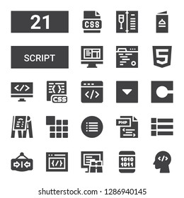 script icon set. Collection of 21 filled script icons included Coding, Binary code, Code, Css, Close, Menu, Php, Html