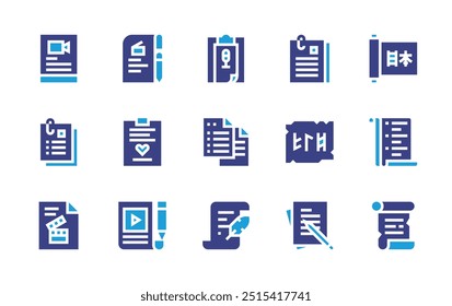 Skriptsymbolsatz. Duotonfarbe. Vektorgrafik. Enthält Szenario, Skript, Scroll, Drehbuch.